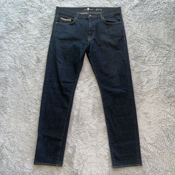 7 For All Mankind Men’s Slimmy Selvedge Denim Jeans Indigo Dark Blue 36X33 - Picture 2 of 9